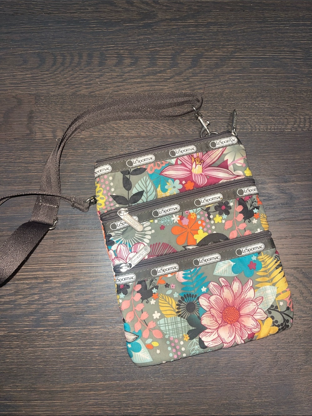 Lesportsac Floral Crossbody in Gray with Pink, Yellow & Teal Accents